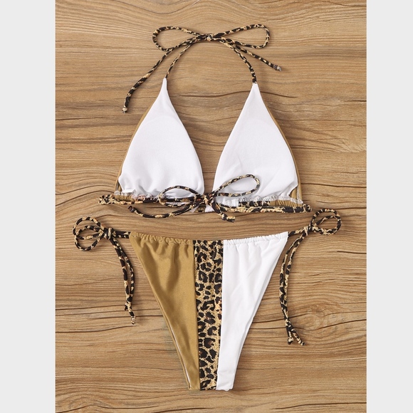 Gold White Cheetah Colorblock Bikini Swimsuit - Picture 4 of 10